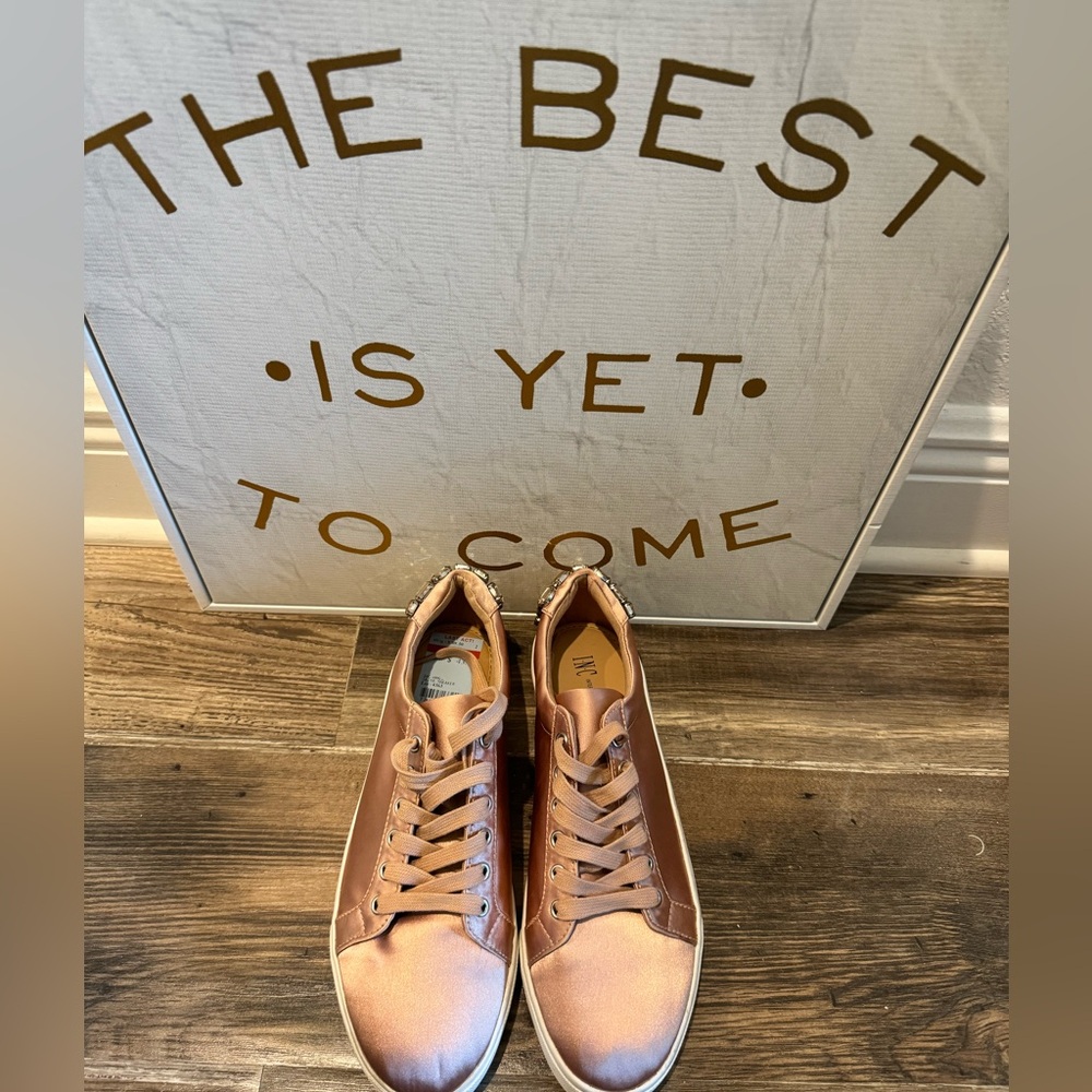 INC champagne satin with stones on the heels sneakers